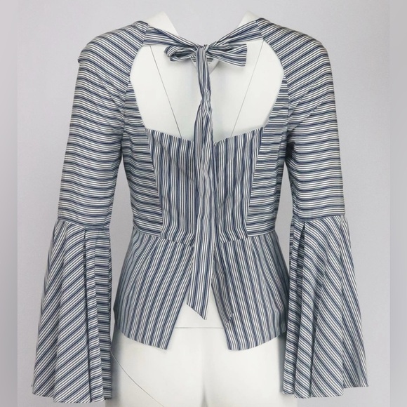 Milly Fluted Striped Silk & Cotton Blouse Bell Sleeve Keyhole Open Back Tie - Picture 2 of 12